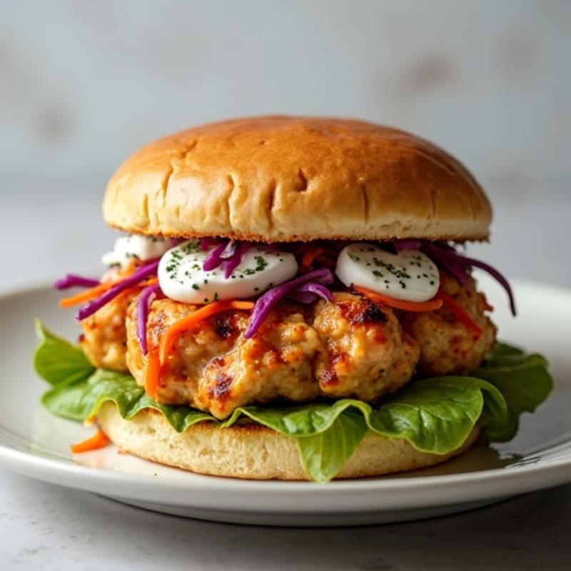 Lean Ground Chicken Buffalo Burgers with Creamy Blue Cheese Slaw