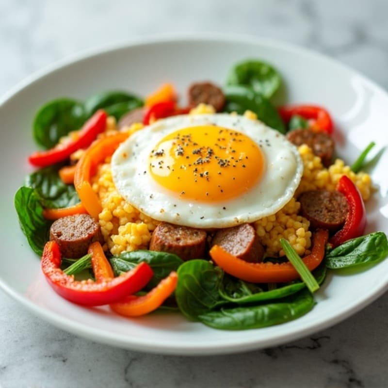 Egg White and Turkey Sausage Scramble with Spinach and Bell Peppers