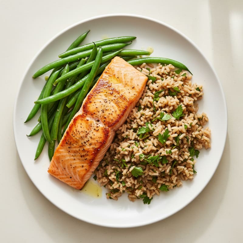 Seared Salmon with Steamed Green Beans and Herb Rice