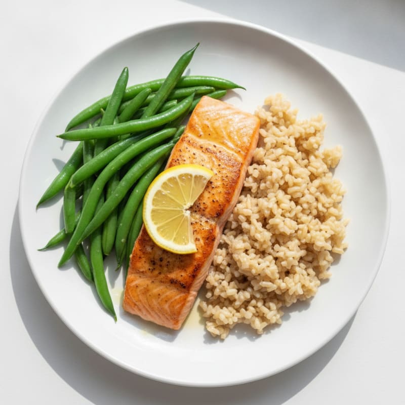 Seared Salmon with Steamed Green Beans and Brown Rice