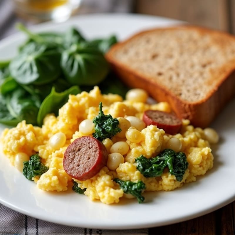 Egg White and Turkey Sausage Scramble with Sautéed Spinach