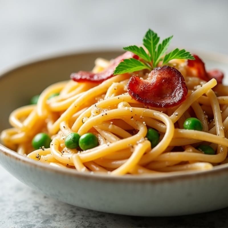 Creamy Whole Wheat Pasta with Crispy Turkey Bacon and Fresh Peas