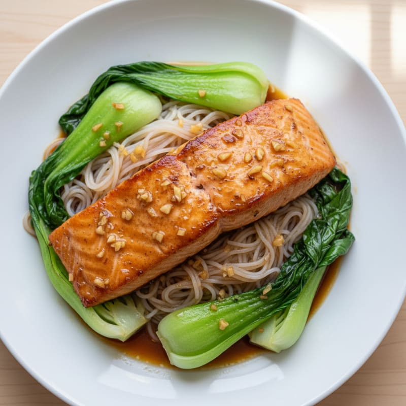 Ginger-Soy Glazed Salmon with Steamed Bok Choy and Rice Noodles