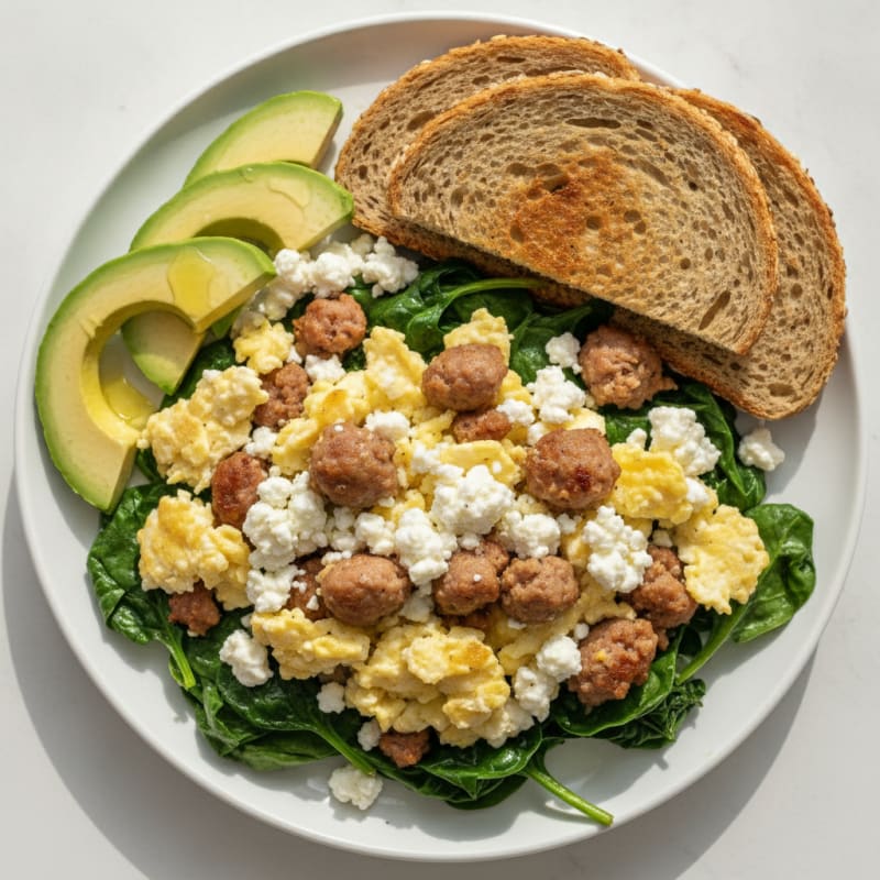 Egg White and Turkey Sausage Scramble with Cottage Cheese and Sautéed Spinach
