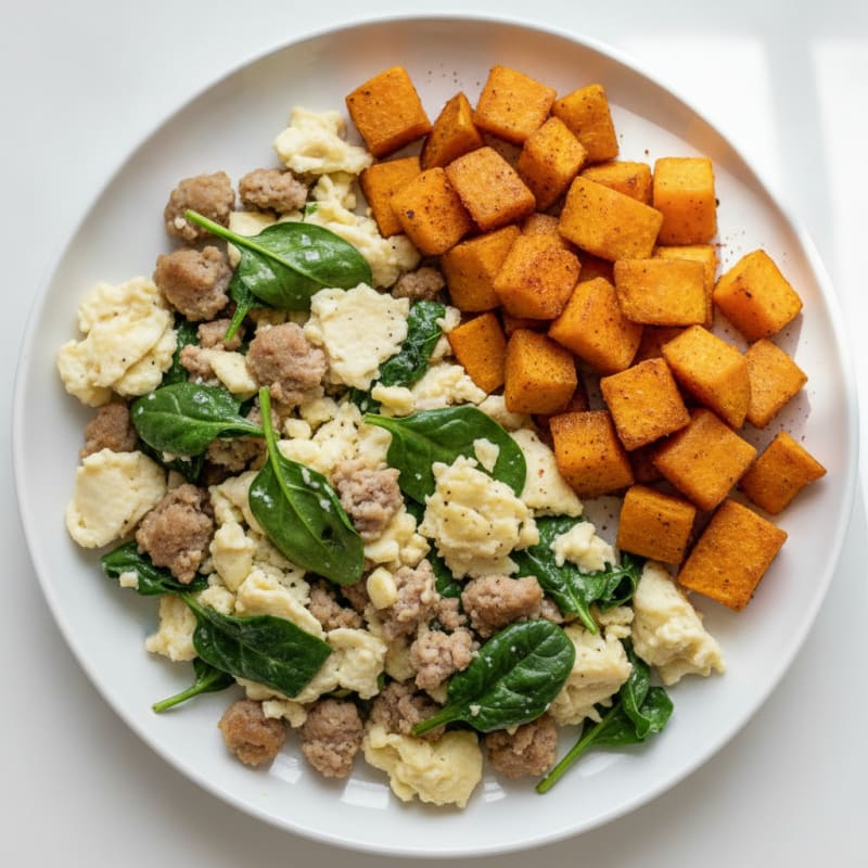 Egg White and Turkey Sausage Scramble with Spinach and Roasted Sweet Potato