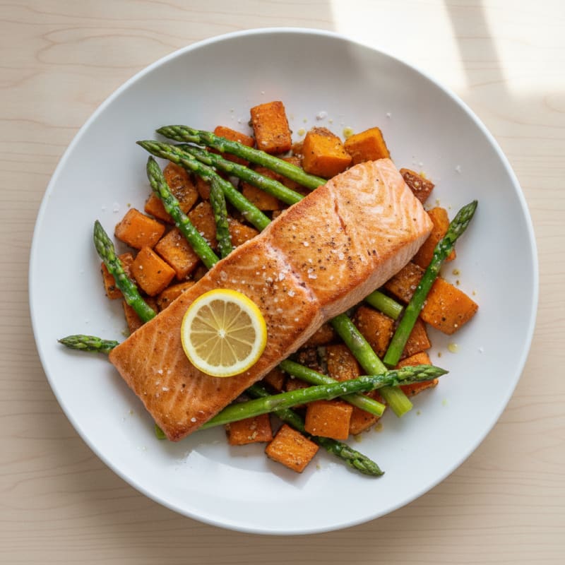 Seared Salmon with Roasted Sweet Potatoes and Asparagus