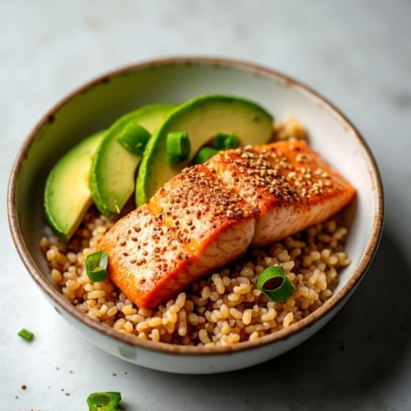 Sesame-Crusted Salmon and Fresh Avocado Rice Bowl