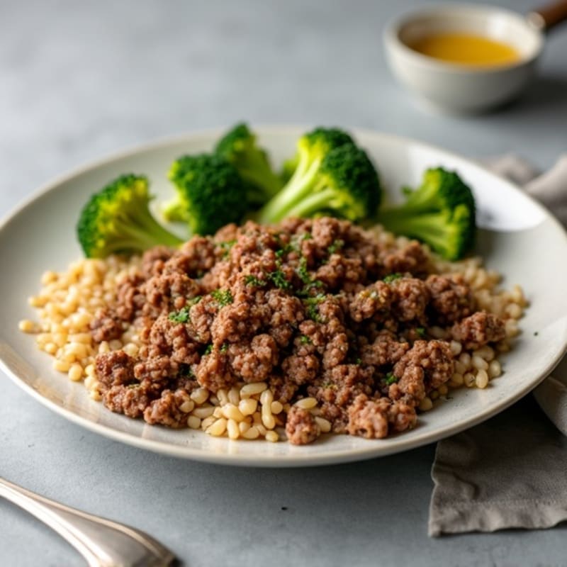 Savory Ground Beef and Roasted Broccoli with Brown Rice