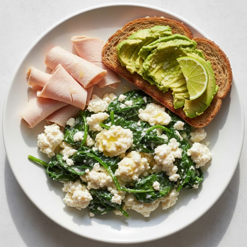 Egg White and Spinach Scramble with Cottage Cheese and Sliced Turkey
