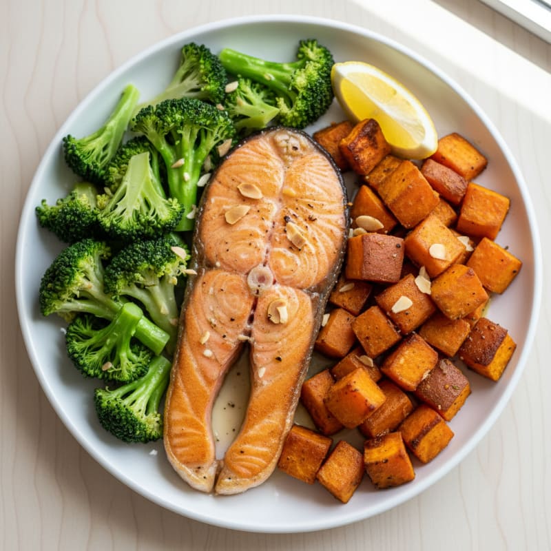 Pan-Seared Salmon with Steamed Broccoli and Roasted Sweet Potato