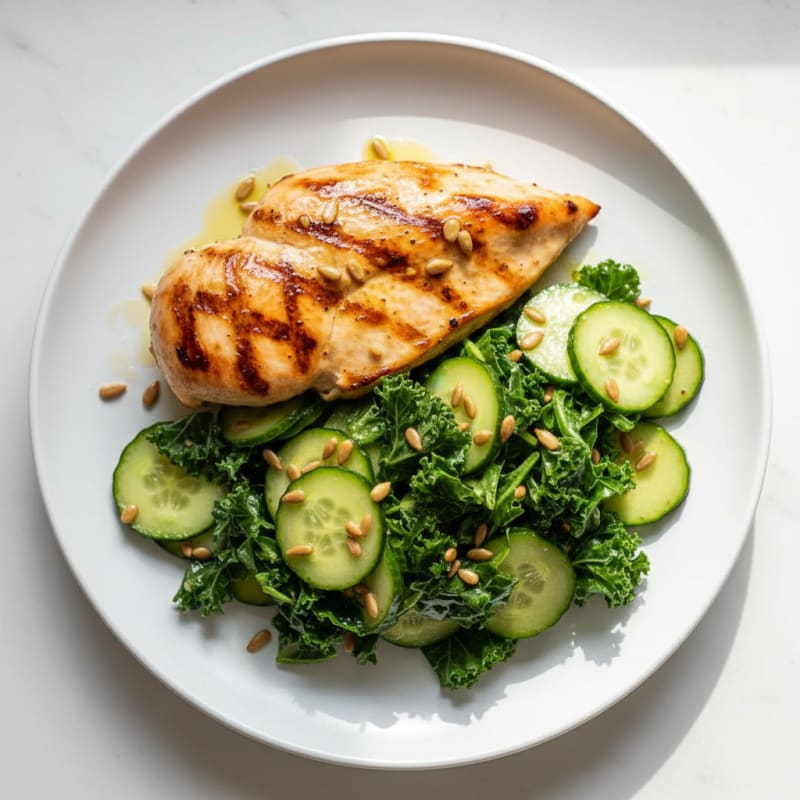 Grilled Chicken Breast with Crunchy Kale Salad and Lemon Vinaigrette