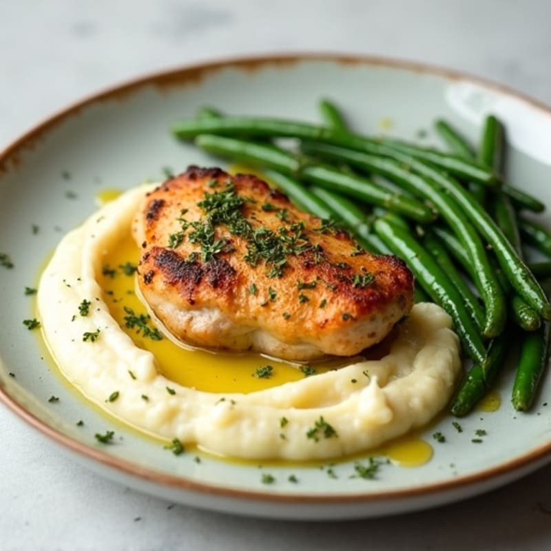 Herb-Roasted Chicken with Creamy Garlic Mashed Potatoes and Roasted Green Beans
