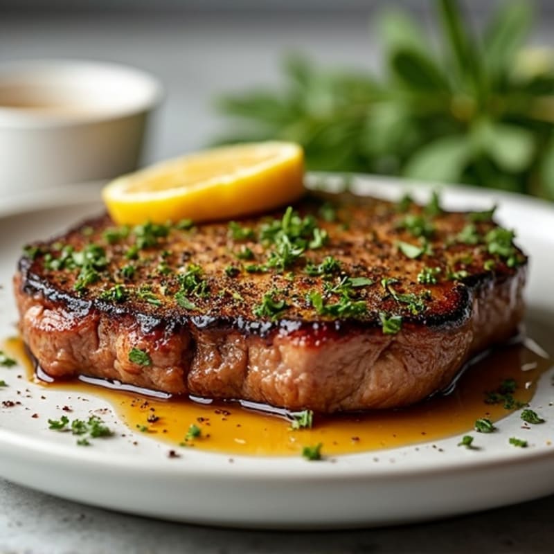 Herb-Crusted Pan Seared Steak with Roasted Garlic