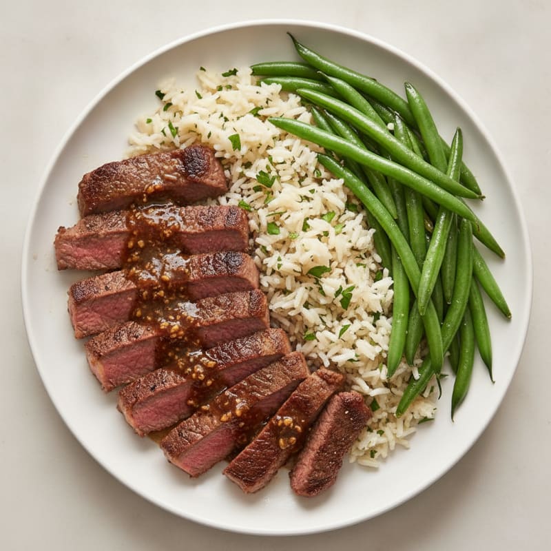 Seared Steak Strips with Herb Rice and Steamed Green Beans