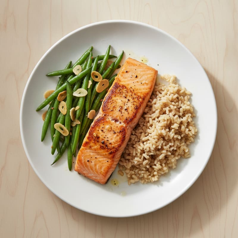 Seared Salmon Fillet with Garlic Green Beans and Brown Rice