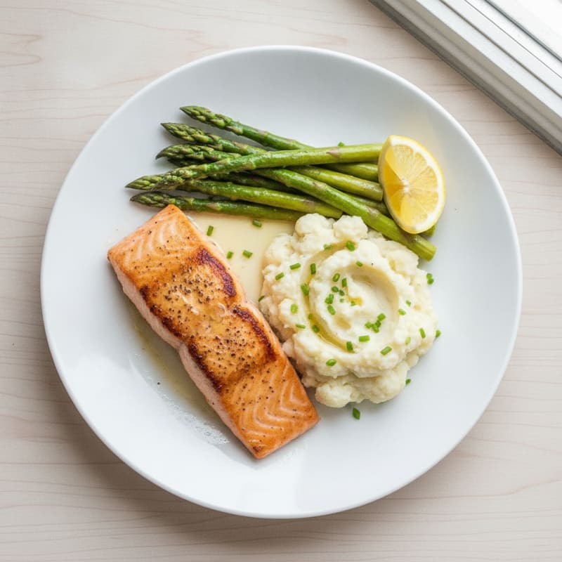 Seared Salmon with Steamed Asparagus and Garlic Mashed Cauliflower