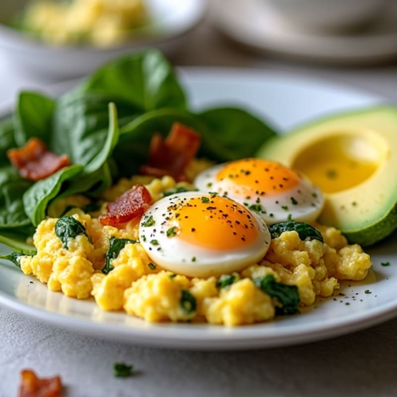 Cottage Cheese Egg Scramble with Turkey Bacon and Spinach