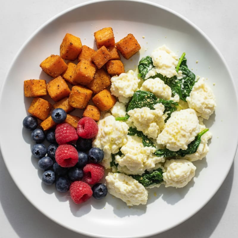 Egg White and Spinach Scramble with Roasted Sweet Potatoes and Fresh Berries