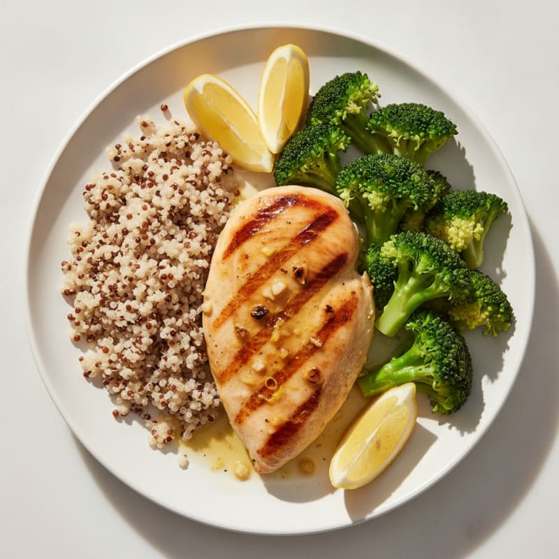 Grilled Lemon-Garlic Chicken Breast with Quinoa and Steamed Broccoli