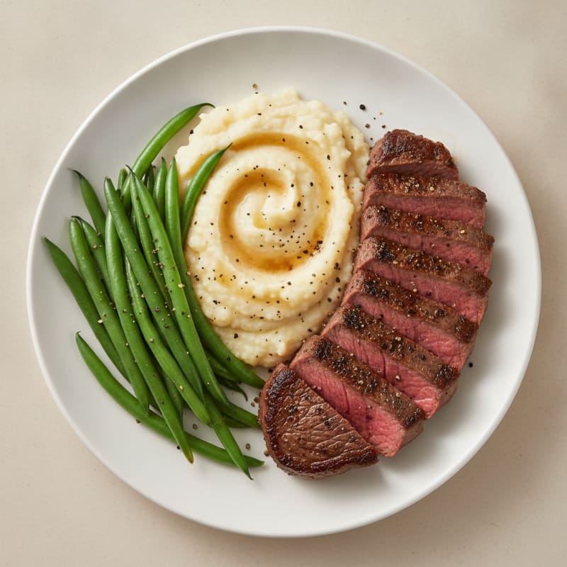 Seared Lean Steak with Steamed Green Beans and Cauliflower Mash