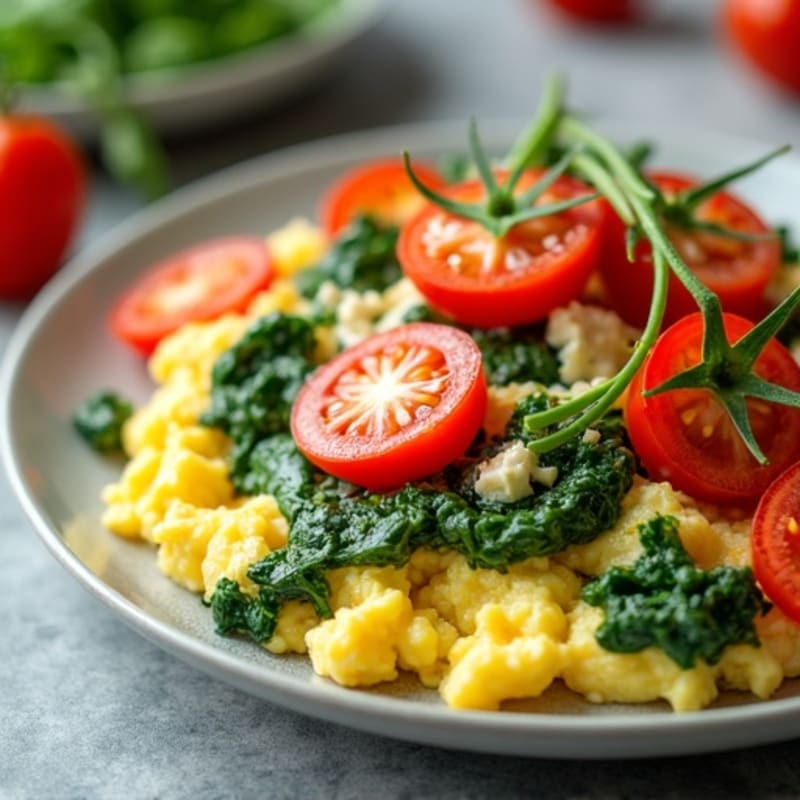 Creamy Scrambled Eggs with Sautéed Spinach and Cherry Tomatoes