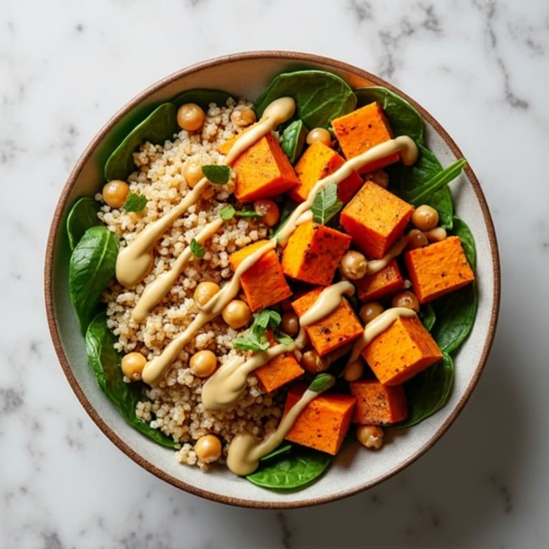 Roasted Sweet Potato Quinoa Bowl with Tahini Drizzle