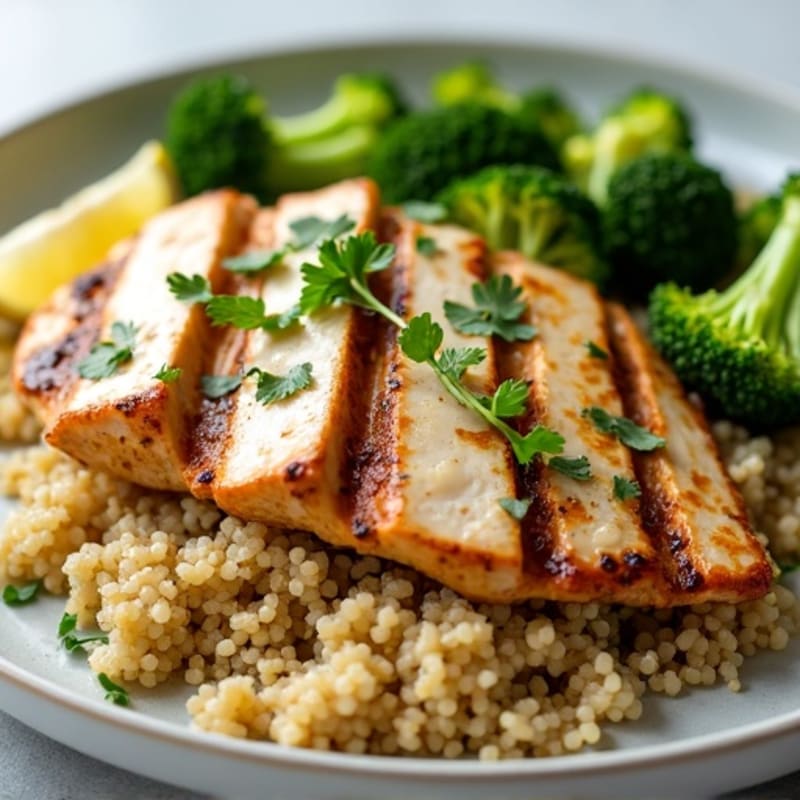 Grilled Chicken Breast with Quinoa, Roasted Broccoli, and Lemon Tahini Drizzle