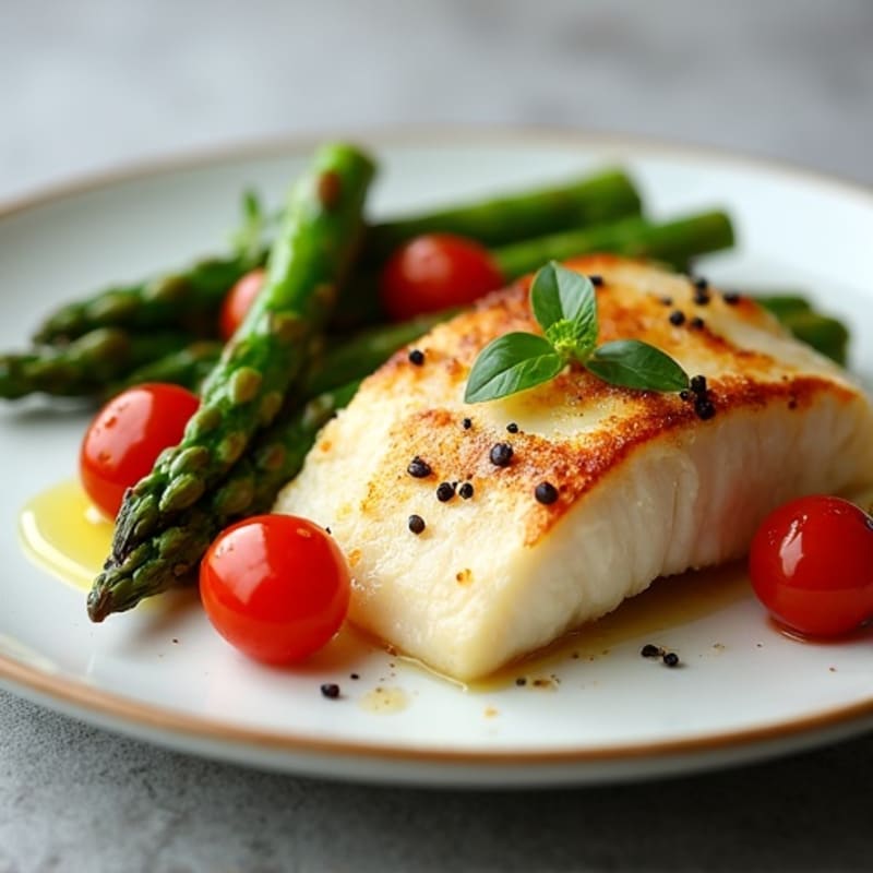 Seared Cod with Roasted Asparagus and Cherry Tomatoes