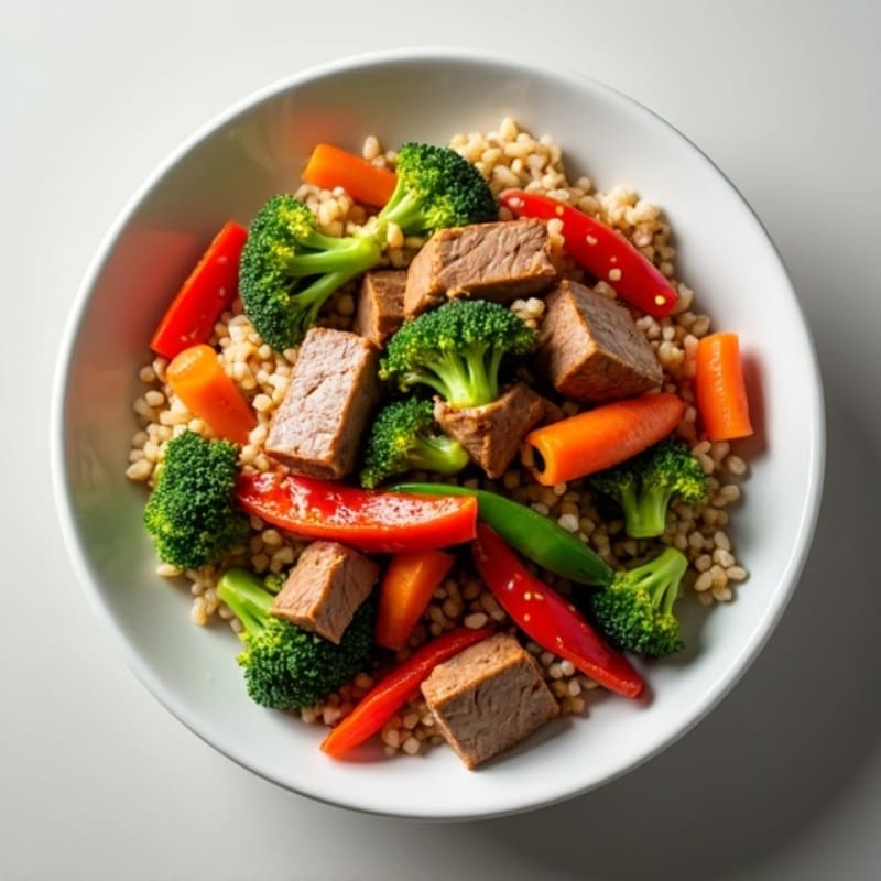 Sesame-Garlic Beef Stir-Fry with Fresh Vegetables and Brown Rice