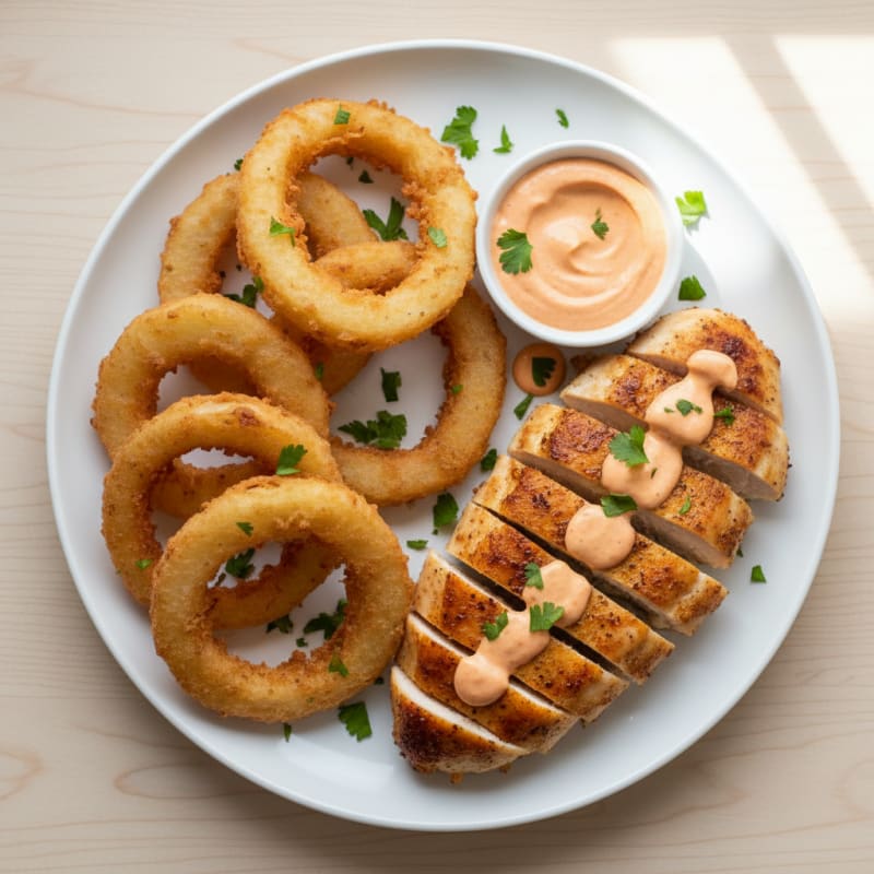Beer-Battered Onion Rings with Chipotle Aioli & Chicken