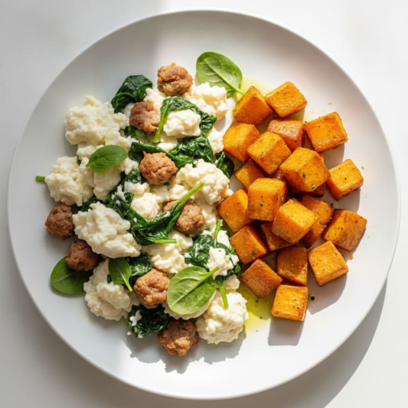 Egg White and Turkey Sausage Scramble with Spinach and Roasted Sweet Potatoes