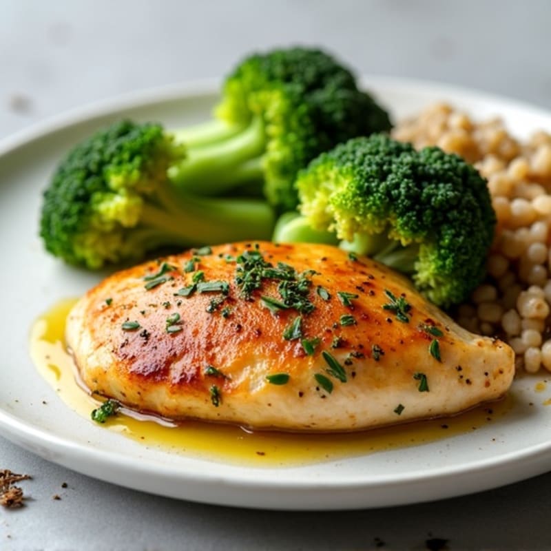 Herb-Roasted Chicken Breast with Steamed Broccoli and Brown Rice