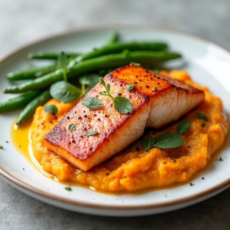Seared Salmon with Garlic Green Beans and Sweet Potato Mash