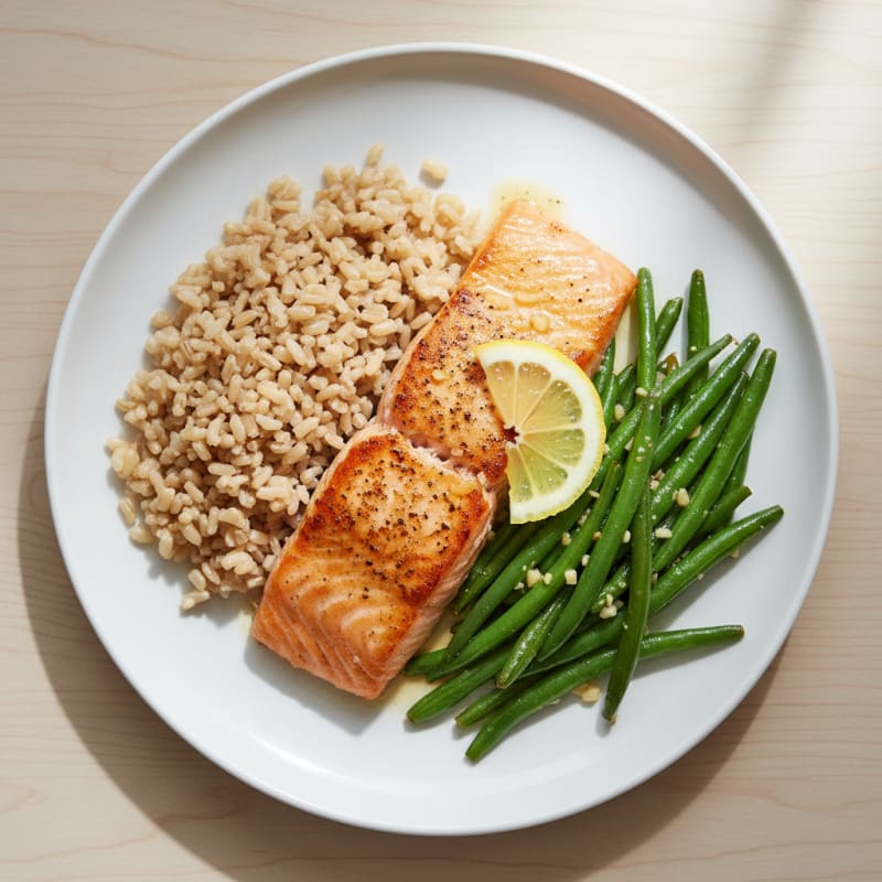Seared Salmon with Garlic Green Beans and Brown Rice