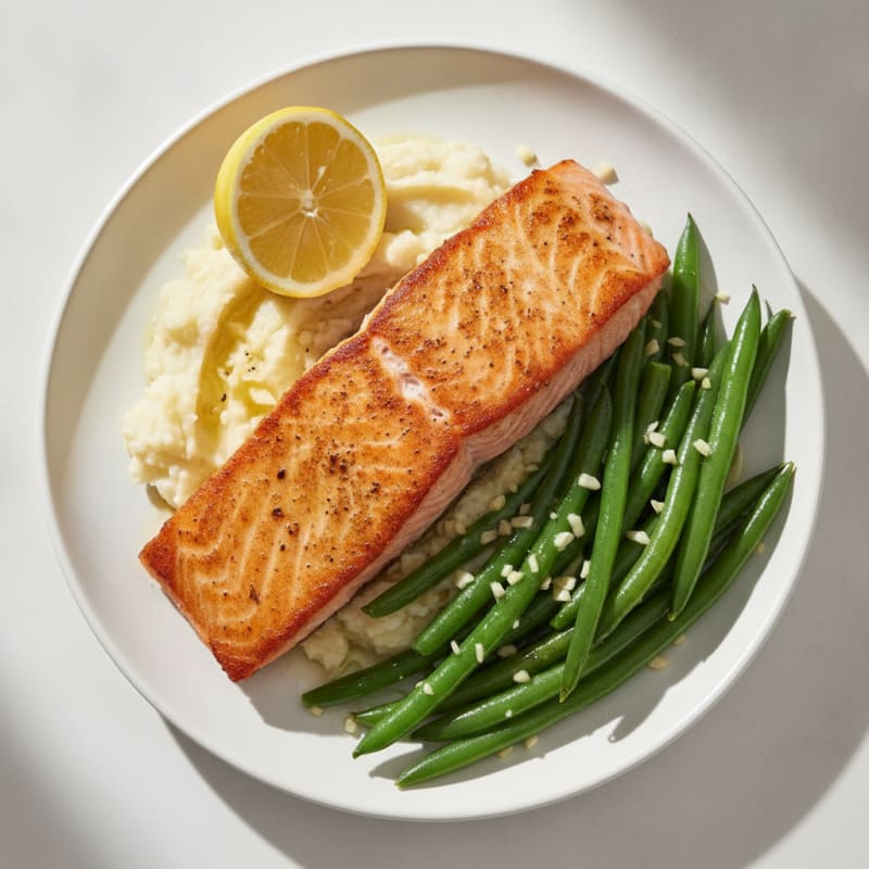 Seared Salmon with Steamed Green Beans and Garlic Mashed Cauliflower
