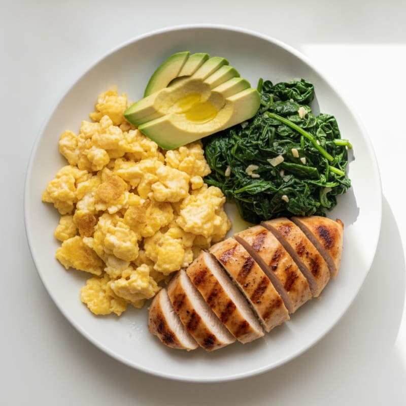 Scrambled Eggs with Sautéed Spinach and Grilled Chicken Breast