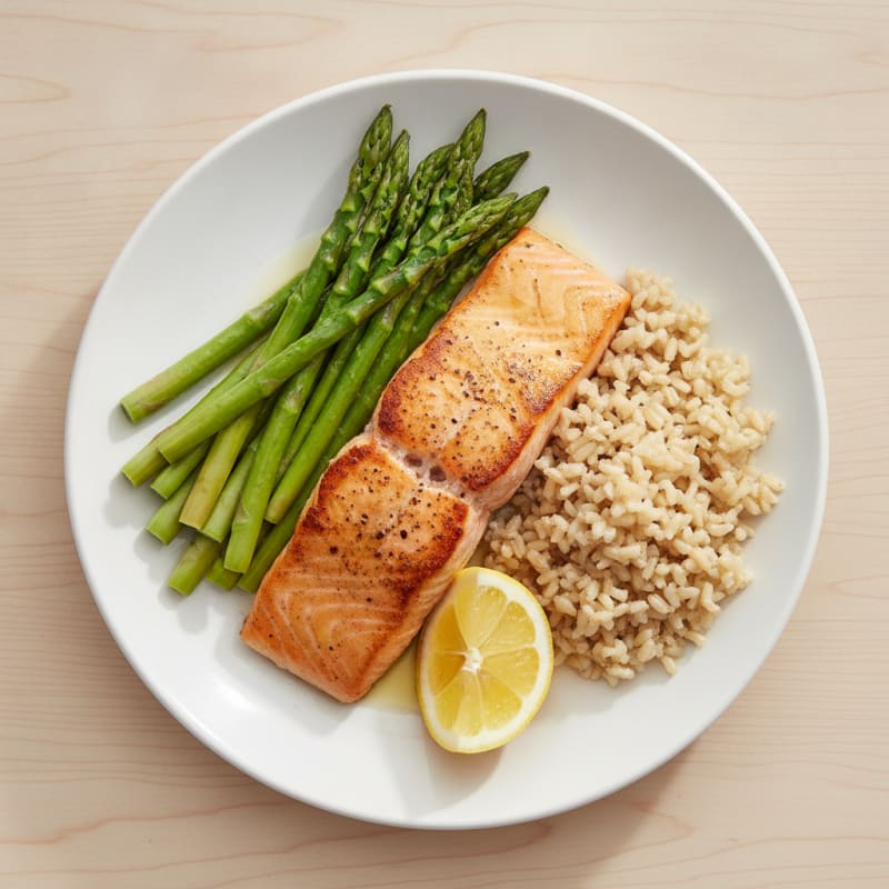 Seared Salmon with Steamed Asparagus and Brown Rice