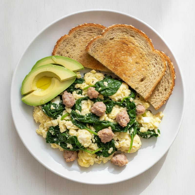Egg White Scramble with Turkey Sausage and Sautéed Spinach