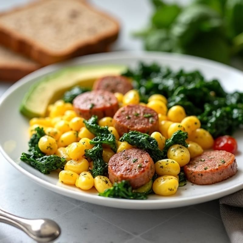 Egg White and Turkey Sausage Scramble with Sautéed Spinach