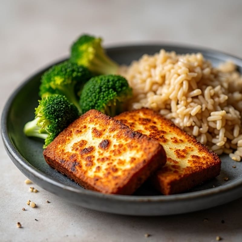 Crispy Baked Tofu with Roasted Broccoli and Brown Rice