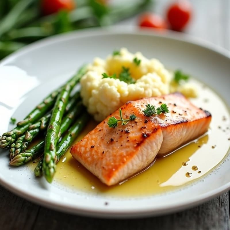 Seared Salmon with Steamed Asparagus and Cauliflower Mash