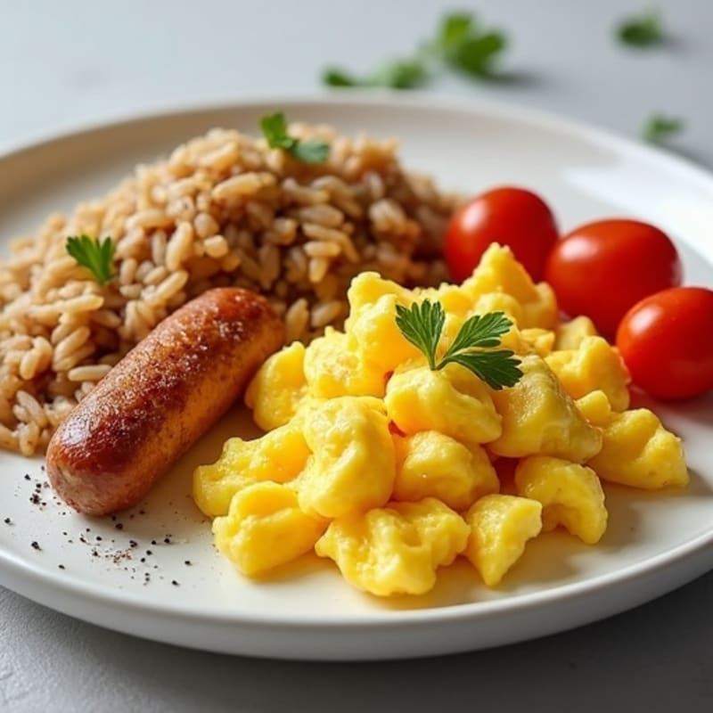 Scrambled Eggs with Chicken Sausage and Brown Rice