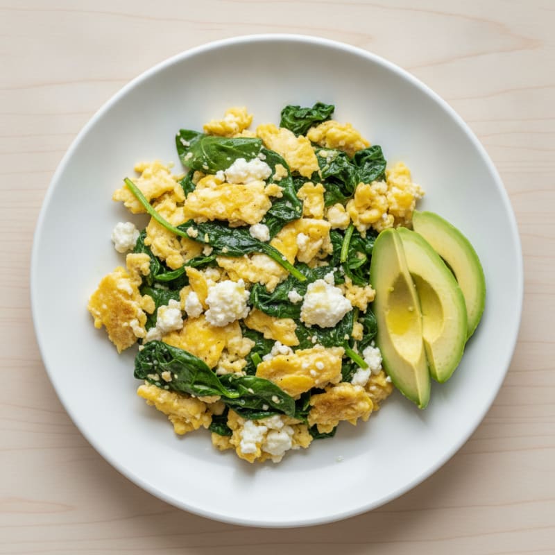 Scrambled Eggs with Cottage Cheese and Sautéed Spinach