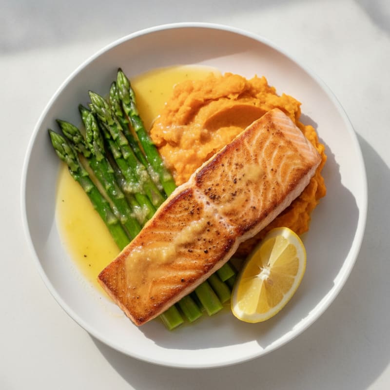 Seared Salmon with Steamed Asparagus and Mashed Sweet Potato