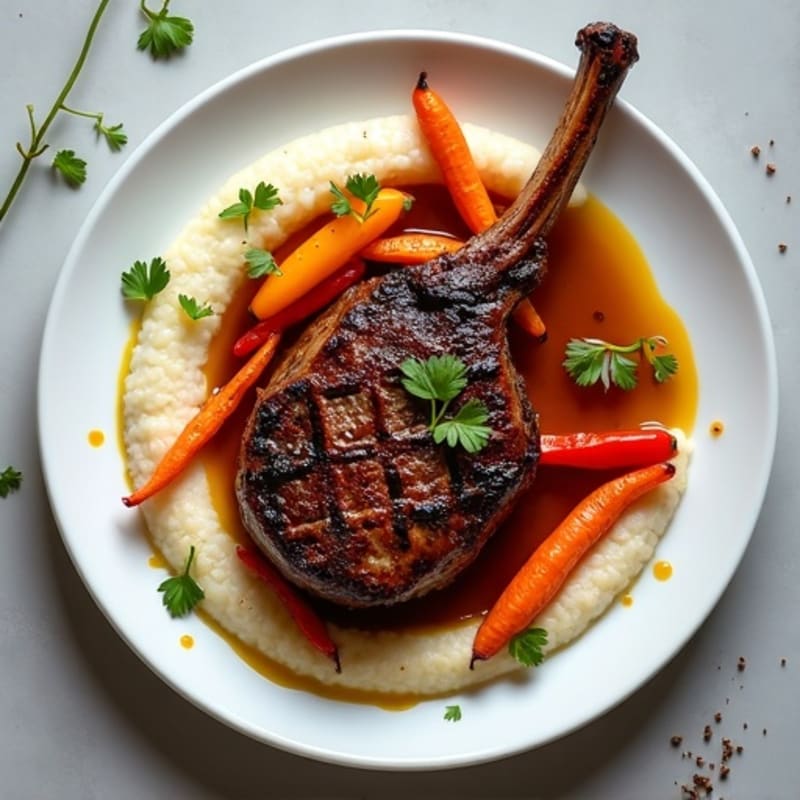 Jerk Lamb Chops with Creamy Grits and Roasted Carrots and Peppers