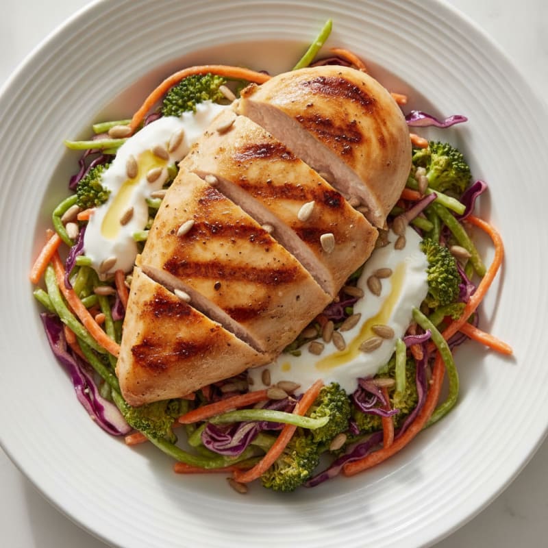 Grilled Chicken Breast with Crunchy Broccoli Slaw