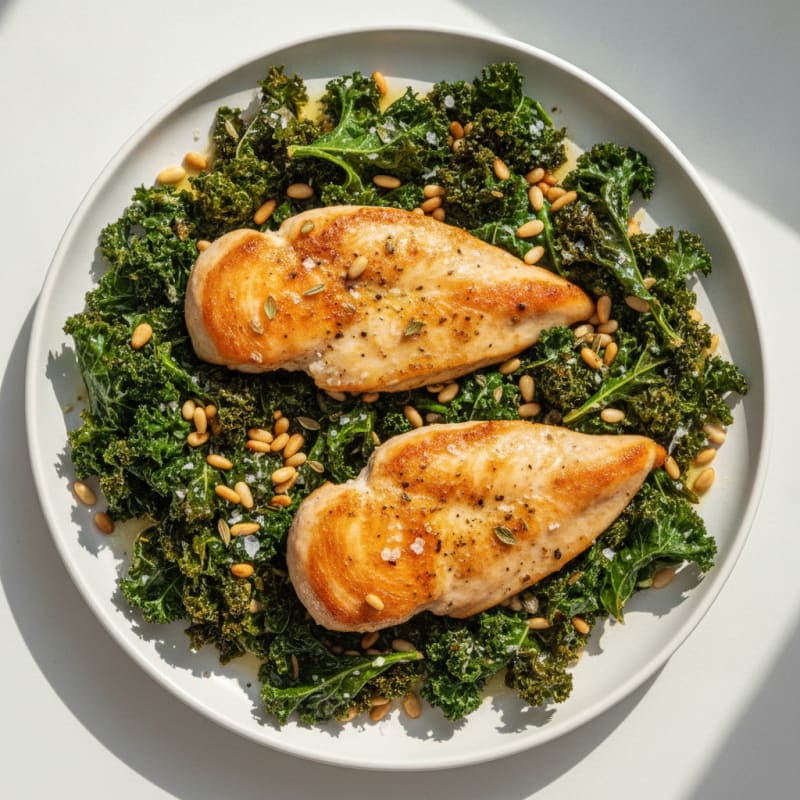 Garlic-Herb Roasted Kale with Toasted Pine Nuts and Pan-Seared Chicken