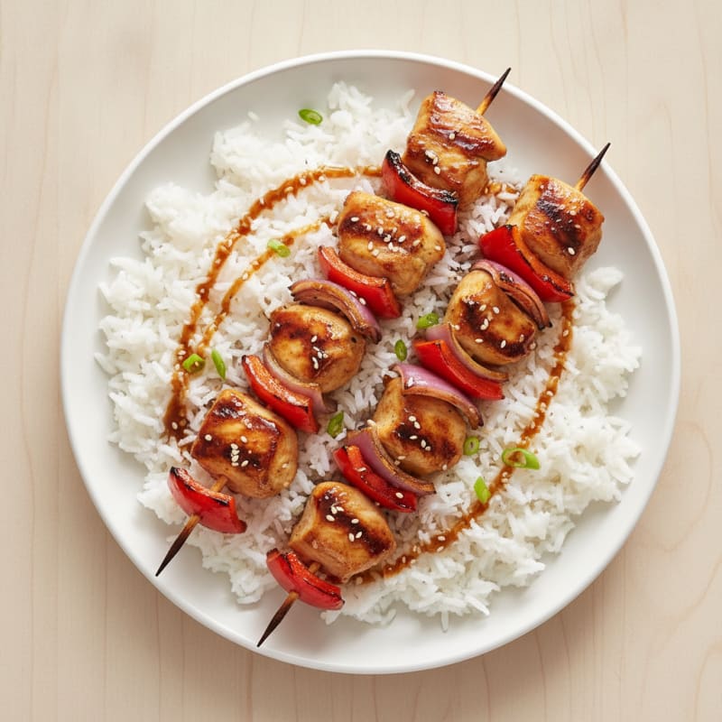 Teriyaki Chicken and Pepper Skewers with Coconut Rice