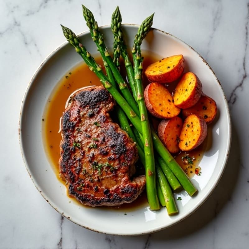 Pan-Seared Steak with Roasted Asparagus and Crispy Sweet Potatoes