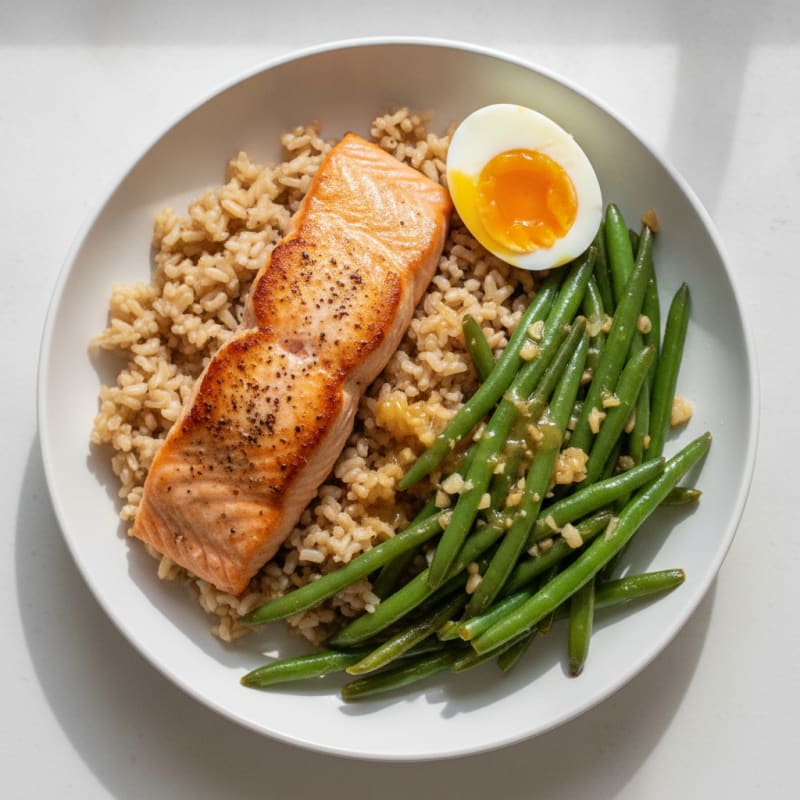 Pan-Seared Salmon with Garlic Green Beans and Brown Rice